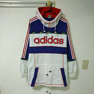  90年代 古着 adidas アディダス デサント社製 スウェット パーカー ロング丈 オーバーサイズ グレー パープル 赤 ロゴ トレフォイル M-L 