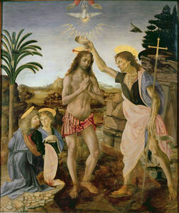 レオナルド・ダヴィンチ『キリストの洗礼』 合作 1475年頃 45x52cm 複製ポスター ◆ミケランジェロ ラファエロ 絵画 油絵 ルネサンス