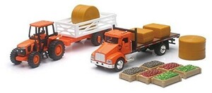NewRay Kubota Farm Playset with M5 Tractor Truck Trailer Bales and Cra