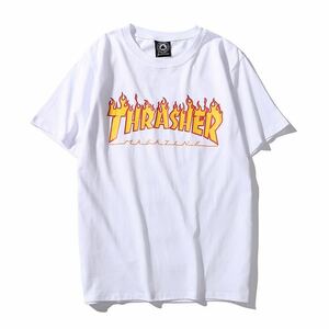 ts-THRASHER01-Wt/Y-L THRASHER スラッシャー マガジン フレイム ロゴ 半袖 プリント FLAME Ｔシャツ T-SHIRT WHITE L