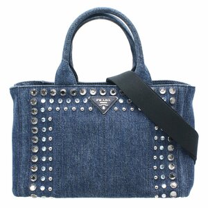 ★Z1536 新同!! プラダ カナパ ミニ デニム ビジュー 2WAYバッグ ハンド・ショルダー W28cm 1BG439 デニムブルー PRADA レディース★