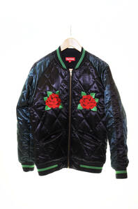 ☆ SUPREME シュプリーム 13AW Quilted Satin Bomber ローズ刺繍 キルティング サテンボンバー ジャケット sizeM ネイビー 103