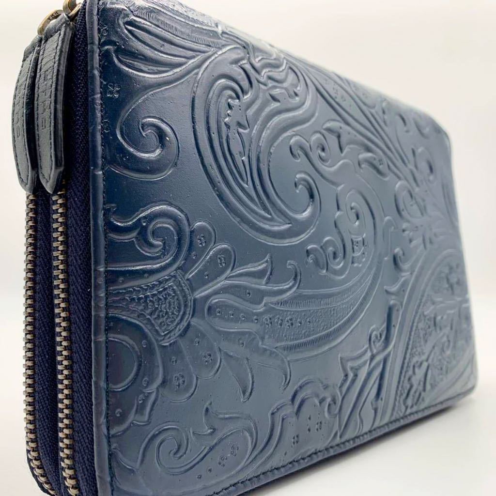 紺×赤 ETRO 長財布/エトロ ペイズリー柄ラウンドジップウォレット 美品
