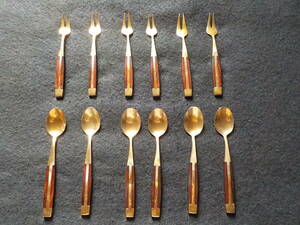 * brass made × wooden * gold color * Gold color * spoon * Fork *6×6 pcs set * hand made *