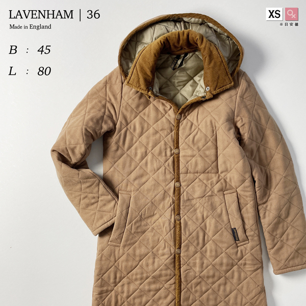 LAVENHAM　ミドル丈 中綿 コート キャメル ベージュ 毛 ウール ツイード 起毛 キルティング ジャケット 秋 冬 フード 36 レディース XS 5号