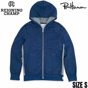 希少■REIGNING CHAMP (レイニング チャンプ)× Ron Herman (ロンハーマン)別注 長袖 ジップアップ スウェット パーカー ネイビー/グレーS