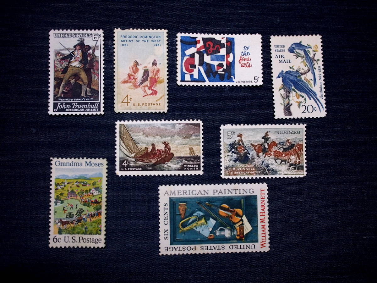 American Stamp Art/Painting 8 types unused Trumbull, Remington, Audubon, homer, russell, morse, Harnett et al., antique, collection, stamp, postcard, north america