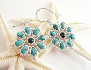 *.. goods * prompt decision SV925 earrings flower type onyx & turquoise A1