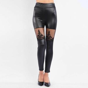 L1176 sexy leggings lady's [ black ] punk style race embroidery fine quality pu leather band ru cropped pants 