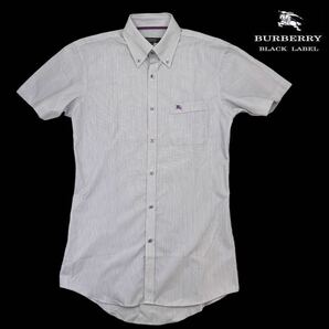 新品同様 BURBERRY BLACK LABEL バーバリーブラックレーベル 半袖シャツ ドレスシャツ サイズ38/M パープル ホワイト ストライプ柄 230361の画像1