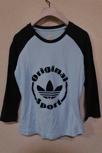 00's adidas Originals ラグラン 七部袖 ショート丈 Tシャツ カットソー size M 水色×ネイビー Y2K