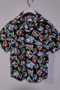 00's DISNEY STORE ALOHA Shirt size S ディズニー 半袖 アロハシャツ チビシャツ ショート丈 総柄 ブラック