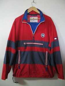 90's TOMMY HILFIGER ナイロンジャケット パーカー プルオーバー 袖ロゴ size L マルチカラー