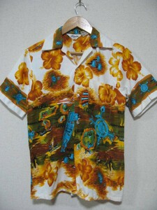 70's Tropicana HAWAII ハワイアンシャツ アロハシャツ ハイビスカス 総柄 地図 飛行機 熱帯魚 size S-M ビンテージ