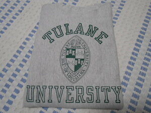 USA製！チャンピオン　リバースウィーブ　スウェットシャツ　3段ラバープリント　L　グレーｘモスグリーン　TULANE　アメリカ製　刺繍タグ