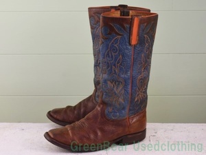 T777◆USA製【Anderson bean Boot Company】ビンテージ 高級ウエスタンブーツ 良い味 茶×アオ メンズ 26cmくらい