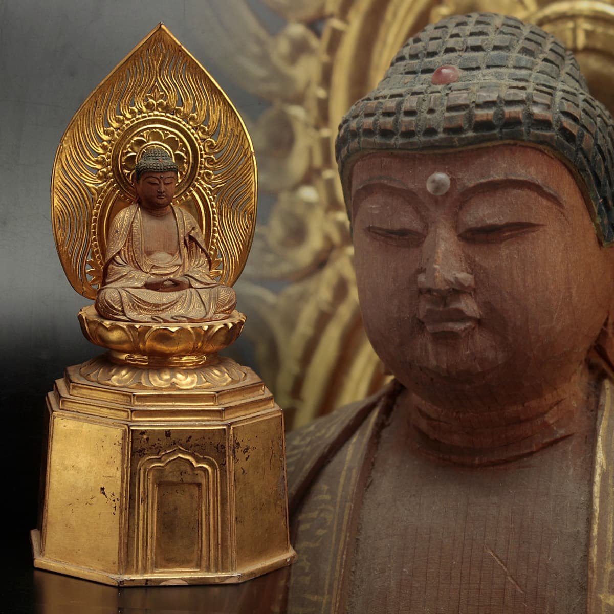 1周年記念イベントが 仏教美術 時代 木製 金彩 彩色 三尊佛 釈迦如来