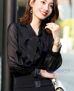 O525★新品　シャツブラウス　ladies　レディース　OL　きれいめ　つるつる　sexy　長袖　リボン飾り　黒