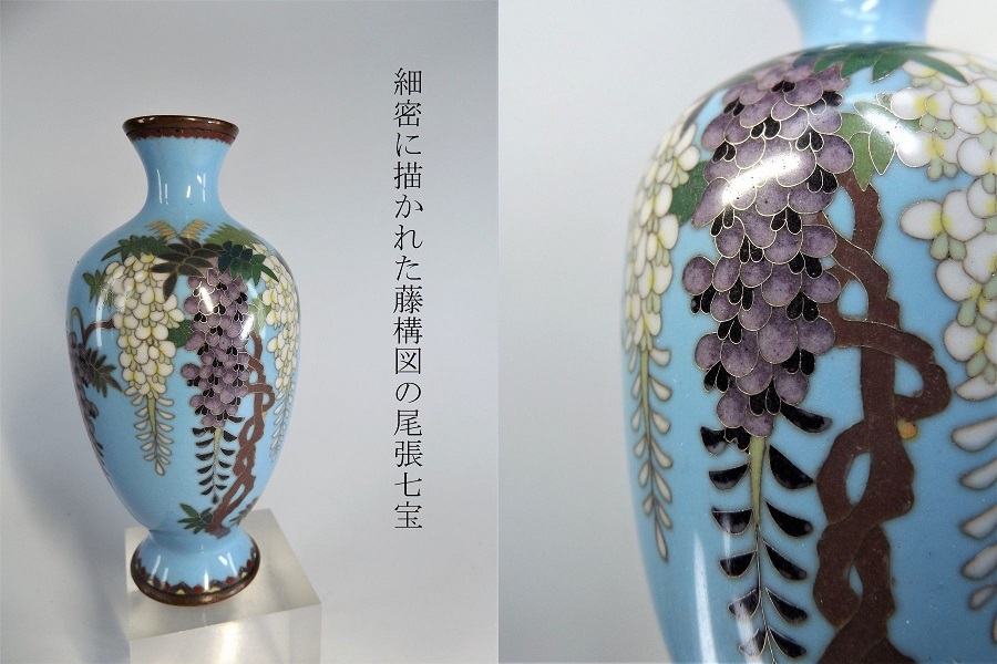 有線七宝花瓶 銀線菊図 銀張梅雀図 六面取り 飾り花器 花瓶 検索 明治