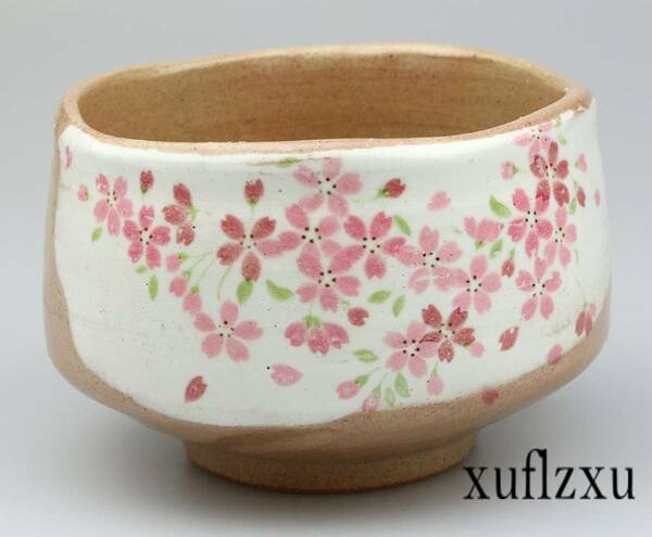 抹茶々碗 カネ仁抹茶碗 白化粧ピンク桜 径12.5×高さ8cm 　美濃焼き　趣のある陶器　プレゼント