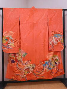Art hand Auction Silver Axe Pure silk, antique yuzen kimono, persimmon color, hand-painted yuzen, antique kimono, furisode, Women's kimono, kimono, antique, others