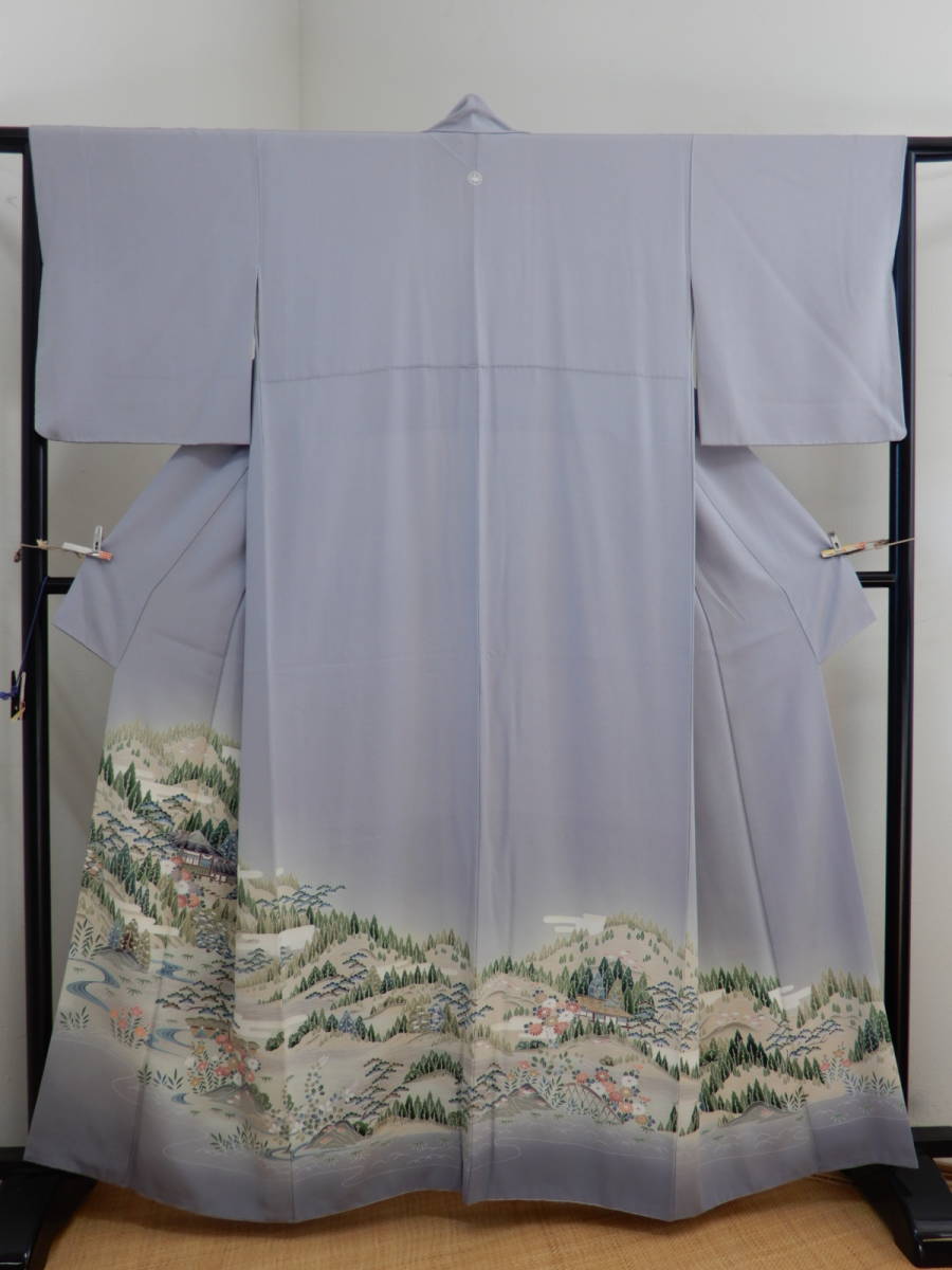 Silberaxt Reine Seide, hochwertige Seide, Kimono mit farbigem Ärmelfutter, handbemalte Kyoto Yuzen, Zinnfarbe, ein Wappen, farbige Ärmel, moderne Größe, Mode, Damen-Kimono, Kimono, Tomesode