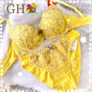 GHカップ★リリーフローラ イエロー/オレンジ/ネイビー/グリーン/ピンク★ブラジャーショーツセット★花柄 Gカップ Hカップ 黄色 下着 みゆ