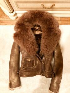 royal flash Royal flash sheep leather volume blue fox fur ram leather mouton rider's jacket coat super-beauty goods * top class gold lame 