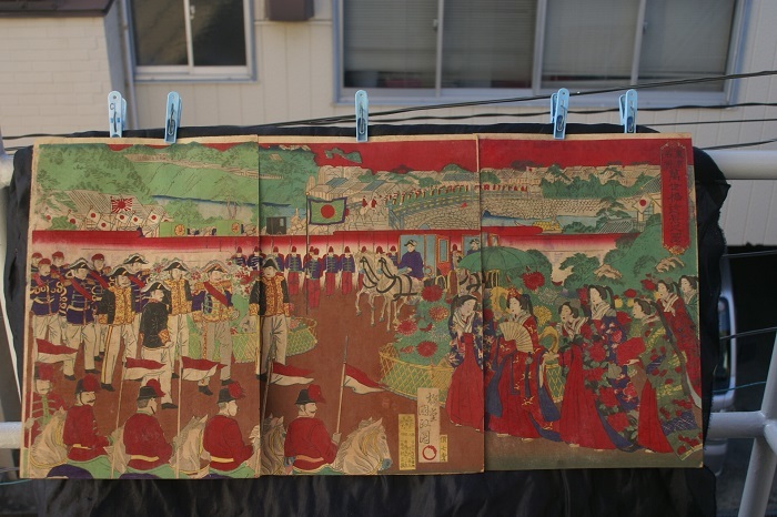 Umedo Kunimasa peintre de 4ème génération, Lieu célèbre de Tokyo, vue lointaine du pont Manseibashi, célébration de l'achèvement du pont Ishibashi au début de la période moderne, grand brocart, Impression sur bois en 3 parties de couleur rose, relativement bon état, pas de support ni de coupe, Édition Hayashi Kichizo, 1911, frais de port 220 yens, Peinture, Ukiyo-e, Impressions, Peintures de lieux célèbres