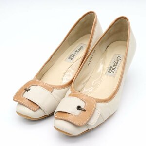  Himiko square tu pumps original leather bai color buckle low heel shoes elegance shoes lady's 22cm size beige HIMIKO