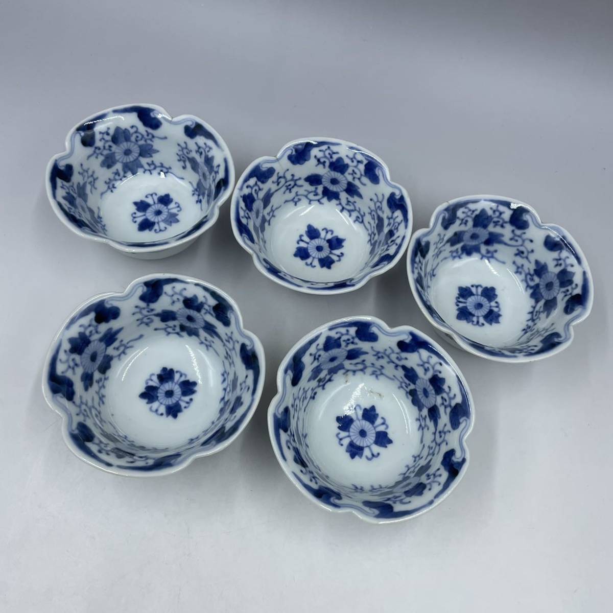 面白デザイン! 龍と、線びっしり」古伊万里 向付 小鉢 5客セット 骨董