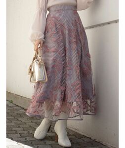 新品　マーキュリーデュオ　ドット　チュール　刺繍　フレア　スカート　ピンク　花柄 ロングスカート
