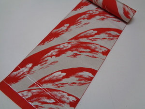 a441-60 cloth obi ground red ground silver thread wave writing cotton width 28 centimeter 