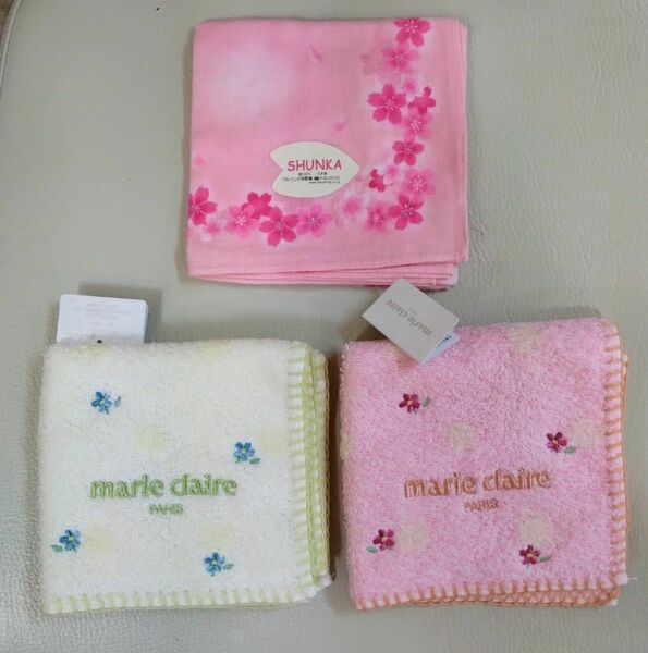 marie.claire.パリス・ピンク色＋イエロー色 タオルハンカチ・SHUNKA.ガーゼハンカチ,ピンク色３枚セット。未使用品