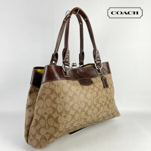 COACH コーチ トートバッグ 本革 レザー PVC加工 がま口 シグネチャー 茶色 ブラウン ベージュ 保存袋付き@AB129