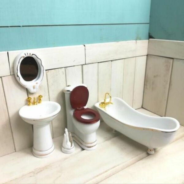 【特別SALE】ドールハウス ミニチュア バス トイレ 洗面台 3点セット 陶器 新品 シルバニアファミリー