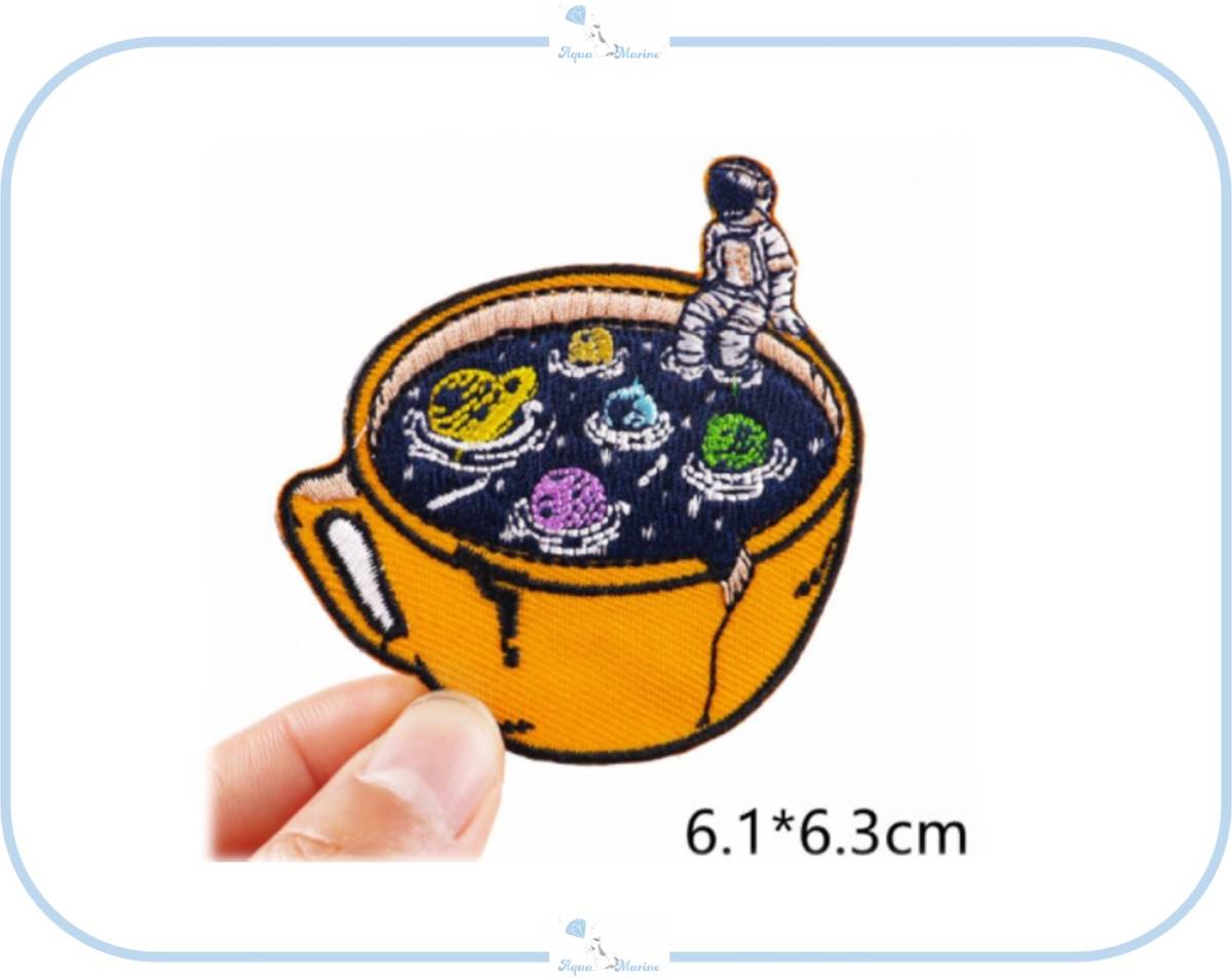 ES53 Applikation Stickerei Kaffeetasse Weltraum Planet Astronaut Handgemachte Materialien Remake Design Aufnäher Aufbügler Importiert aus Übersee, Nähen, Stickerei, Patch, Dekorationsmaterial, Patch