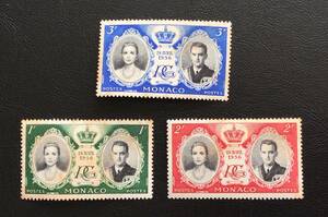 世界の人物切手 （モナコ） レーニエ３世とグレース・ケリーの結婚1956-4-19発行 3種