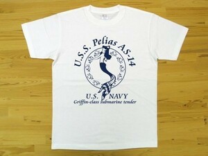 U.S.S. Pelias AS-14 白 5.6oz 半袖Tシャツ 紺 M ミリタリー 米海軍艦艇 グリフィン級潜水母艦 ペリアス U.S. NAVY 人魚