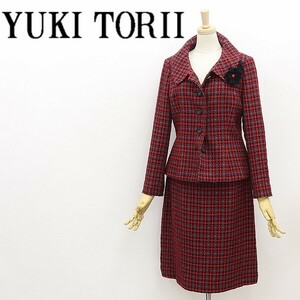 美品◆YUKI TORII ユキトリイ チェック柄 ストレッチ ウール フラワーコサージュ付 ジャケット＆スカート スーツ セットアップ 38