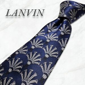 美品 LANVIN ランバン ランヴァン ネクタイ ネイビー シルク フランス製 ビジネス フォーマル 総柄