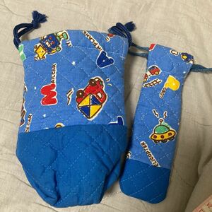 手作り　ポーチ　2個セット　ミニ巾着　ブルー　キルティング　男の子　幼稚園　キッズ　子供用