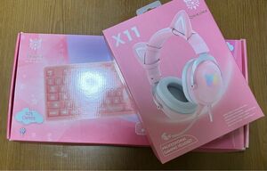 【訳あり】ねこ耳ヘッドセット　マウス　キーボード　　ネコ耳ヘッドホン　ピンク　プロゲーマー　配信　ONIKUMA