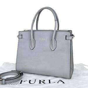 ☆極美品☆ FURLA フルラ 2way PIN ピン ハンドバッグ ショルダーバッグ レディース シュリンクレザー 牛革 グレー シボ革