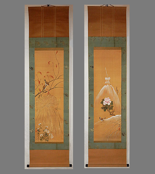 [Authentic] ■Shoka Watanabe■Maple Leaves Sparrow/Winter Peony Sparrow Two-panel drawing■Hand-painted■Hanging scroll■Japanese painting■, Painting, Japanese painting, Flowers and Birds, Wildlife
