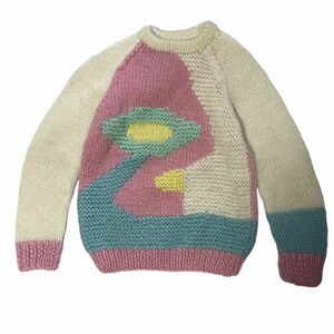 [1980s] Vintage design hand knitted sweater low gauge old clothes euro rare hand-knitted art 