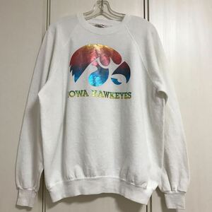 80s 90s USA製 BASSETT-WALKER バセットウォーカー IOWA HAWKEYES ビンテージ スウェット XL ホワイト オーロラプリント カレッジ SWEAT