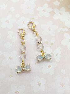 No.916-3 可愛い♪ミルキーストーンのリボンチャーム♪ ペアセット ＃マスクチャーム ピアス イヤリング ハンドメイド アクセサリー