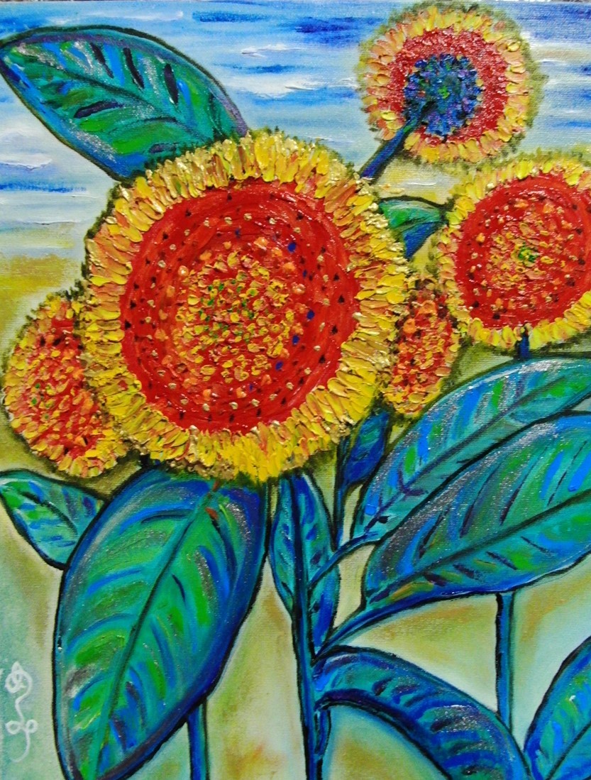 ≪Komikyō≫, Memi Sato, girasol, pintura al óleo, F6 N°:40, 9×31, 8cm, Pintura al óleo única en su tipo., Pintura al óleo nueva de alta calidad con marco., Autenticidad garantizada y firmada a mano., cuadro, pintura al óleo, Naturaleza, Pintura de paisaje