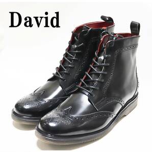 《David デビッド》箱付新品 日本製 サイドジップ メダリオンウイングチップ レザーブーツ 黒 25cm A7519